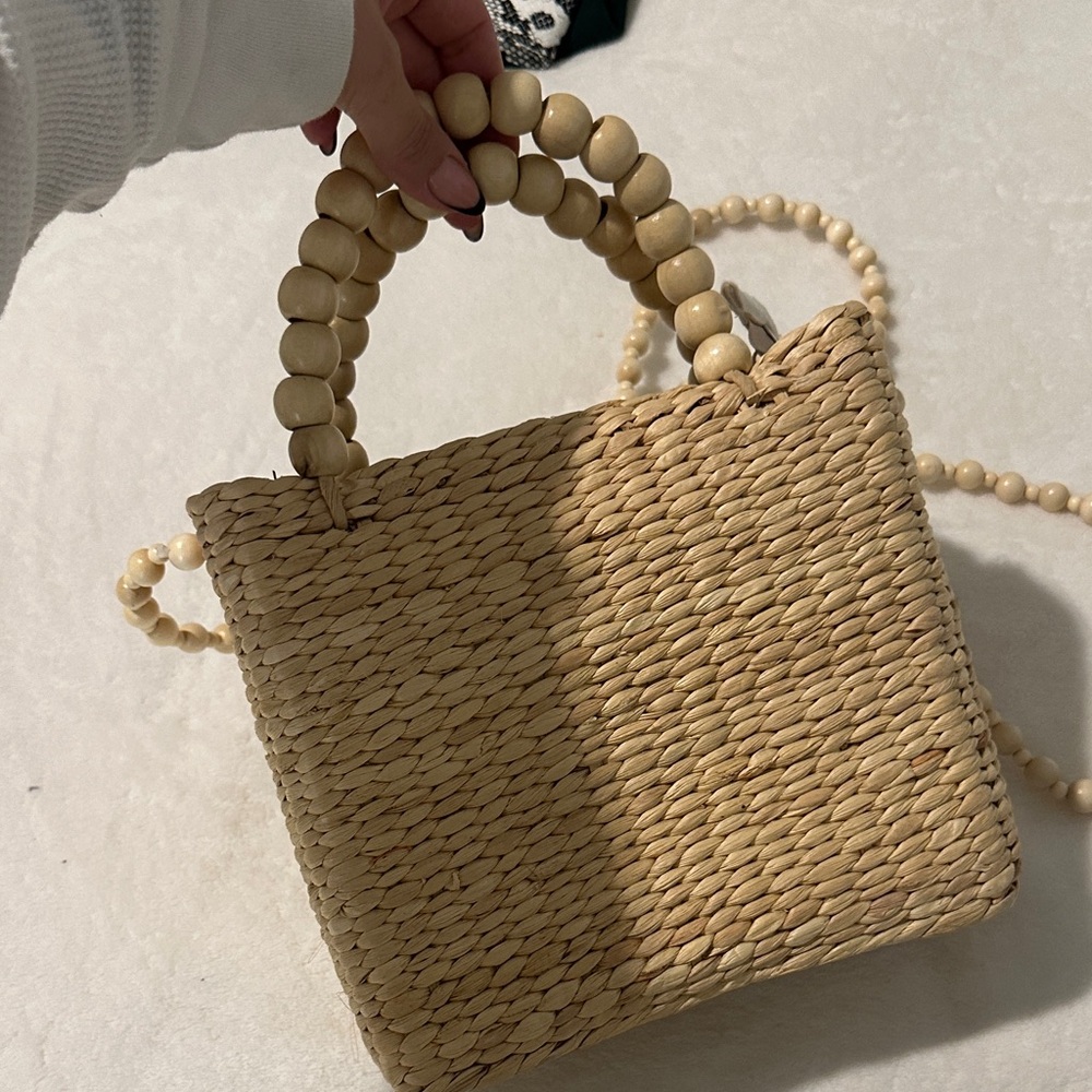 Beaded Handle Woven Tan Bag